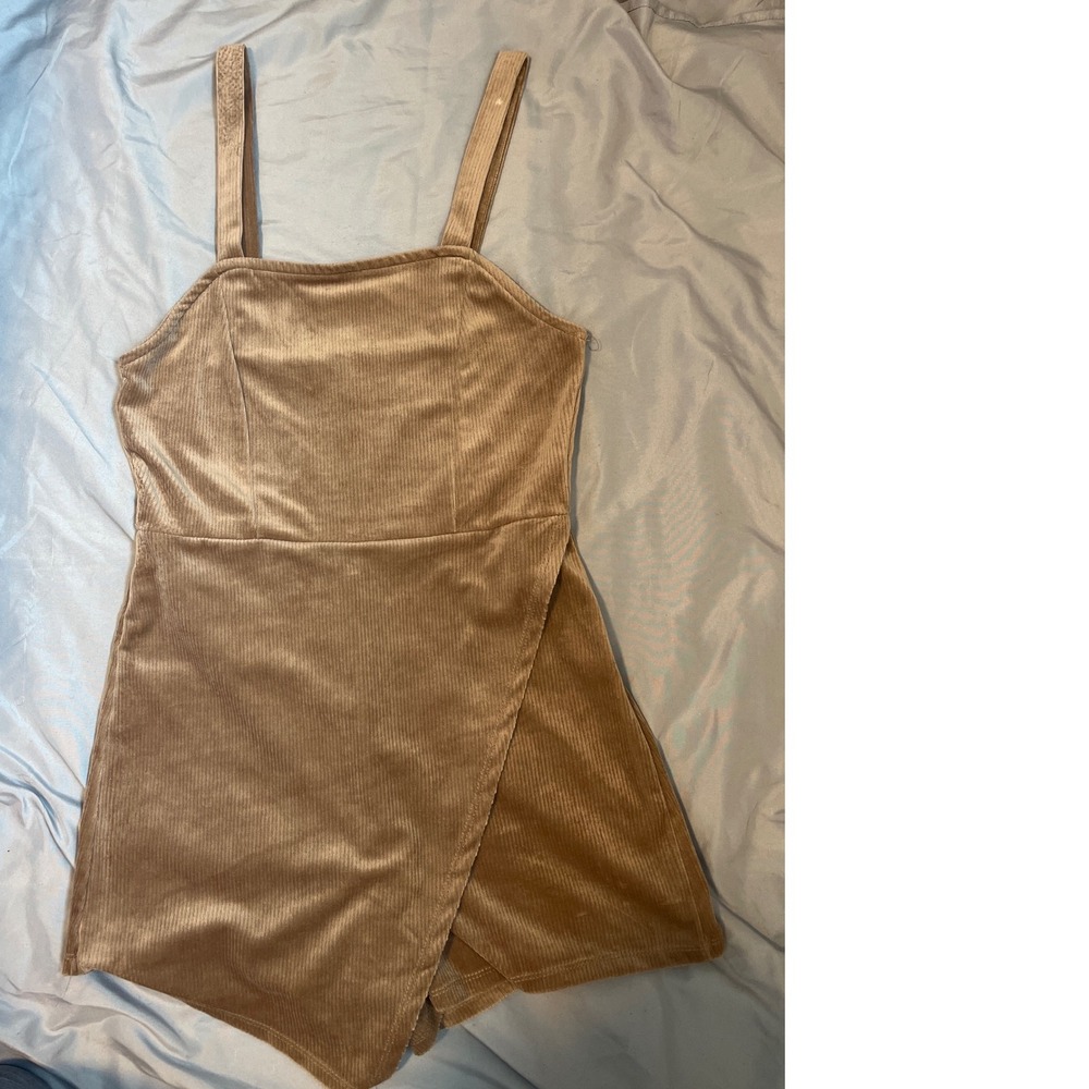 Almost Famous Women's Beige Corduroy A Line romper Dress with Overlay Size M